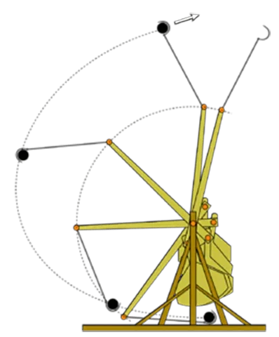 A drawing of a wooden trebuchet as it launches its payload.