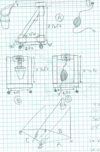 Sketch on graph paper of a trebuchet from side view, front view, and rear view complete with measurements.
