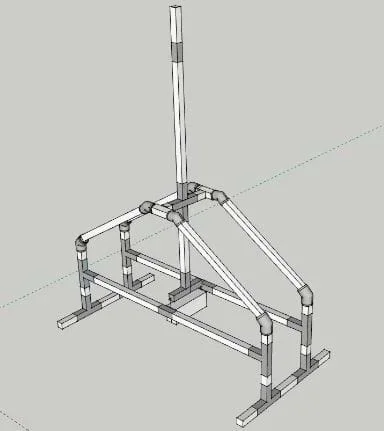 Google SketchUp design of a trebuchet, showing the frame, swing arm, and counterweight.