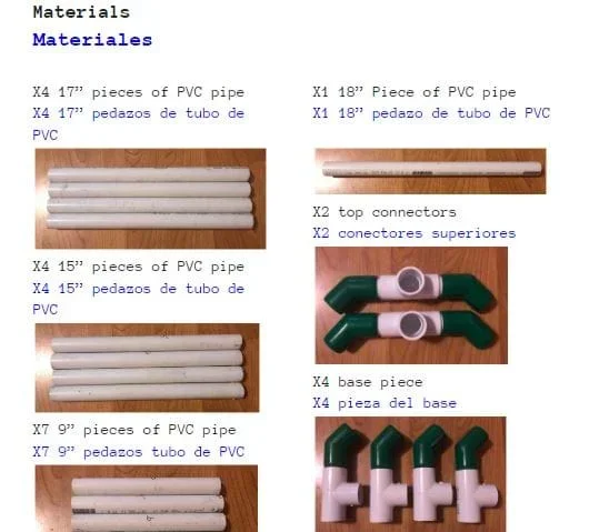 Instruction manual with pictures of parts in English and Spanish.