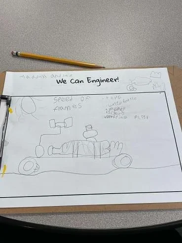 A drawing of a student’s design of a car. The paper is titled, “We Can Engineer!” The drawing shows a water bottle on top of a frame with four wheels. A small solar panel attached to the back of the rover extends above the rover. Next to the design, materials are listed: tape, water bottle, paper, scissors, wrapping paper.