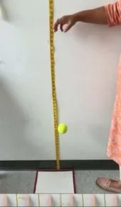 A screenshot from a video showing a tape measure taped to the wall. A hand has just dropped a tennis ball, which is midway between the hand and the ground. On the ground there is a whiteboard. The bottom of the image shows different frames of the video from which the image is taken.
