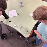 A photo showing two students with three clear cups, containing water, salt solution, and sugar solution, and a gummy in each.