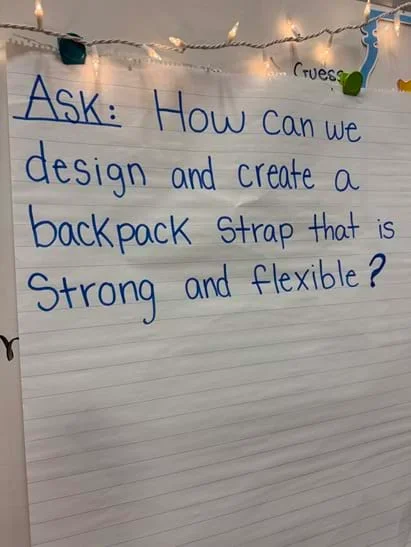 A photo showing chart paper with the words “Ask: How can we design and create a backpack strap that is strong and flexible?” written in blue marker.