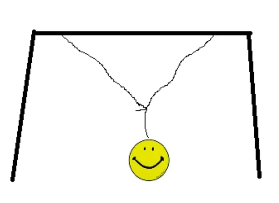A sketch of a pendulum with two strings from either corner, meeting in the middle where they form one string that holds a smiley face.
