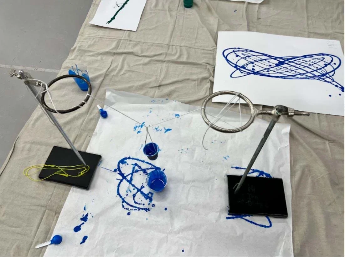 An example paint pendulum setup, with a Lissajous curve pictured as well.