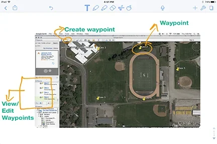 A satellite photo shows several fields with a track as seen from the software program Google Earth. Additionally, portions of the interactive parts of the software are highlighted with hints drawn in.