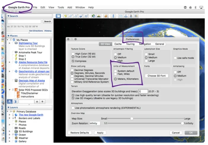 This is a screenshot of the preferences tab in Google Earth, showing how to change the units of measurement in the program.