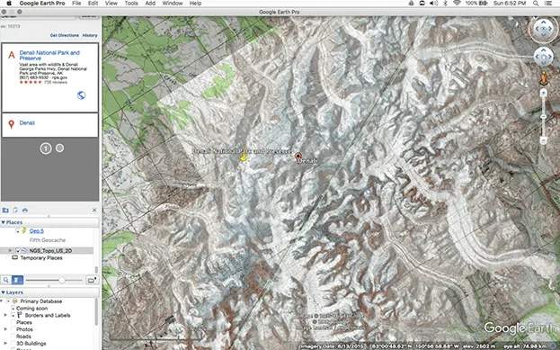 An image of Denali and its surrounding area with USGS topographic map overlays. Most of the area is colored in white and brown indicating snow and steep terrain. The image highlights the pane viewers see in Google Earth showing the places, layers, and search box with standard navigation tools across the top such as File, Edit, View, etc.