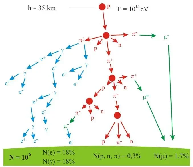 This figure is an illustration showing how an incoming cosmic ray particle interacts with atoms in the atmosphere and breaks up into other particles, such as pions, protons, and neutrons, to form a cascading air shower below.