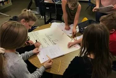 A small group of students sitting around a round table working on a poster that is focused on laser pointers and visible light. Several of the students are using pencils and markers to draw images and write text on the poster that is related to the topic.