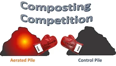 Under a "Composting Competition" banner, a drawing shows two compost piles (aerated vs. control) each with boxing gloves (labeled "data").