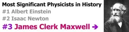 Most significant physicists in history: #1 Albert Einstein, #2 Isaac Newton, #3 James Clerk Maxwell. Black and white photo shows the head and shoulders of a bearded white man.