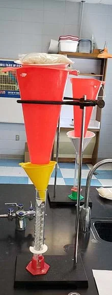 Complete setup of testing apparatus Option 1. A ring stand holds an inverted traffic cone with the top point cut off to form a large funnel. Below the cone is a small funnel which drains into a graduated cylinder.