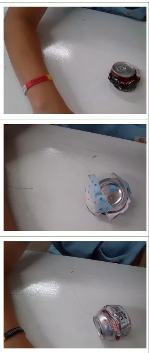 A series of three photos showing students evaluating the work done by their can crushers. Finding the exact threshold of energy needed to fully crush these cans was the primary goal of the engineering challenge.