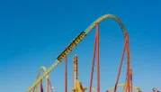A photo showing a roller coaster in an amusement park on a clear day.