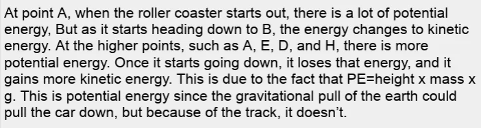 A screenshot of a student's typed paragraph describing points A-H as a cart moves along a roller coaster.
