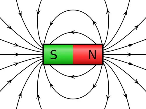Drawing shows a bar magnet with labeled poles and magnetic field loops traced around it with arrows that match where the compasses will point along the loops.