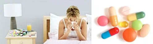 Two photos: A person with a cold is blowing their nose while sitting in bed next to a table with bottles of prescription medicine on it. A close-up of nine pills of different types, colors and shapes (gel, chalk, pink, green, tablets, capsules, etc.).