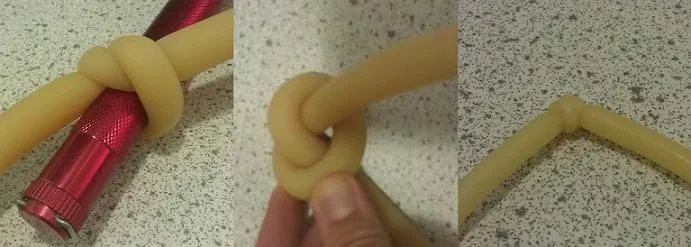 Three photographs show how to use a marker to tie a knot in the end of the latex tubing.