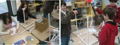Two photos show two teams of students at grouped desks working with PVC pipes and components in various stages of creating cube-shaped structures.