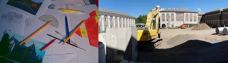 Two photos: A tabletop with paper plans, pencils and protractor. A construction site with buildings, dirt piles, tractor and back hoe.