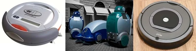Three photos of robotic vacuum cleaners: PicaBot, DustCarts, DustClean, IRobot Roomba. Two are disc-shaped objects. The others look like wheeled bins.