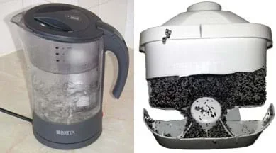 Two photos: A clear plastic water pitcher with a thick top lid. A plastic device cracked open to reveal black and white bits—activated carbon beads and ion exchange resin beads.